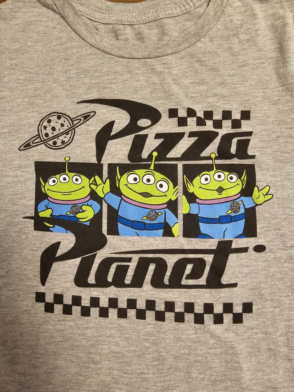 Disney Grey T-Shirt with Green Alien Pizza Planet Graphic